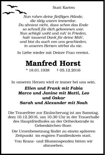 Traueranzeige von Manfred Horst von Tageszeitung