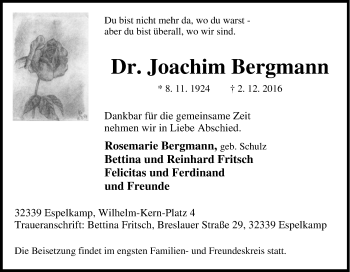 Traueranzeige von Joachim Bergmann von Tageszeitung