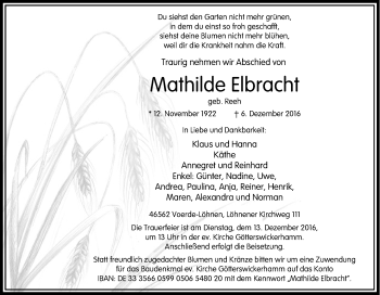 Traueranzeige von Mathilde Elbracht von Tageszeitung