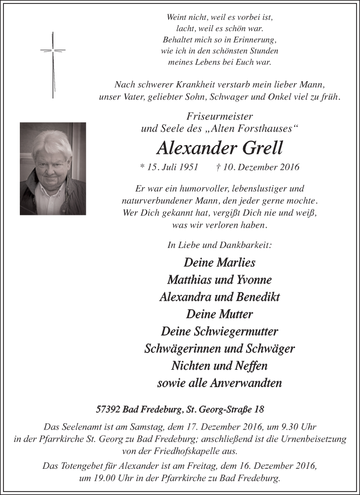  Traueranzeige für Alexander Grell vom 14.12.2016 aus Tageszeitung