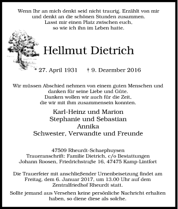 Traueranzeige von Hellmut Dietrich von Tageszeitung
