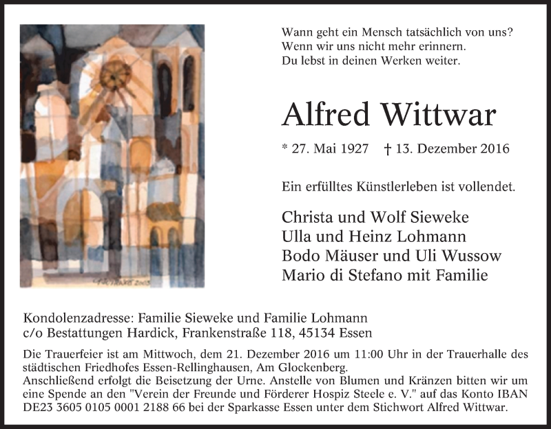  Traueranzeige für Alfred Wittwar vom 17.12.2016 aus Tageszeitung
