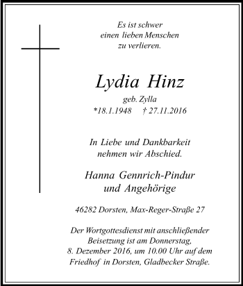 Traueranzeige von Lydia Hinz von Tageszeitung