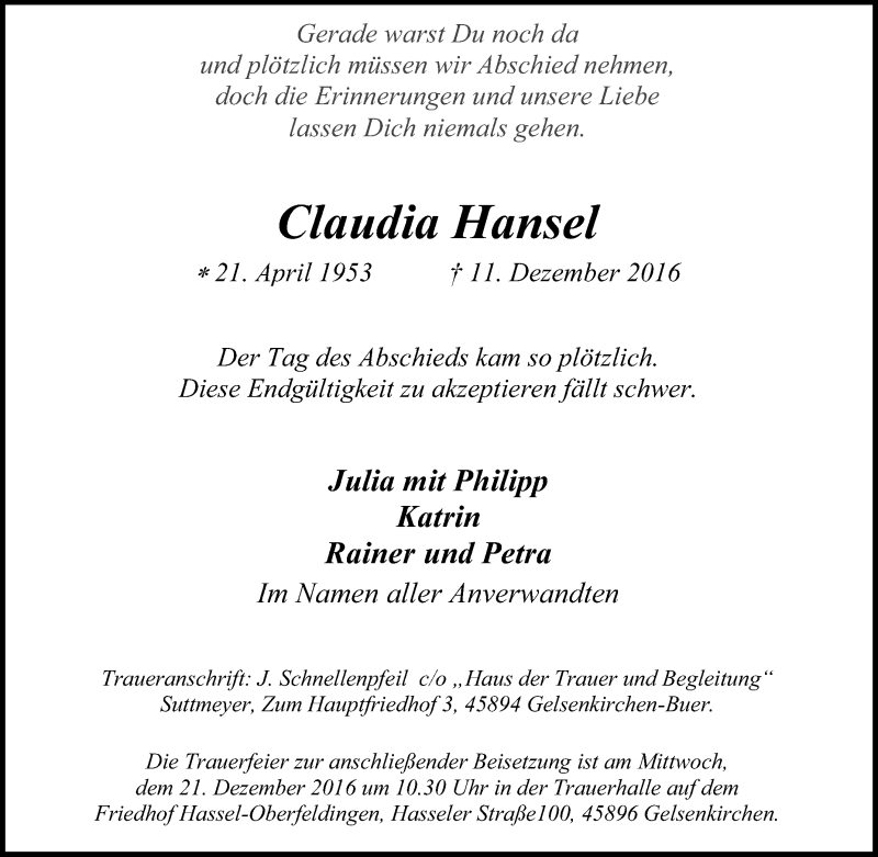  Traueranzeige für Claudia Hansel vom 17.12.2016 aus Tageszeitung