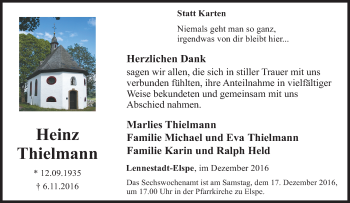 Traueranzeige von Heinz Thielmann von Tageszeitung