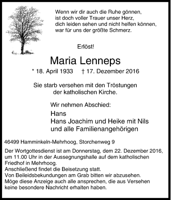 Traueranzeige von Maria Lenneps von Tageszeitung