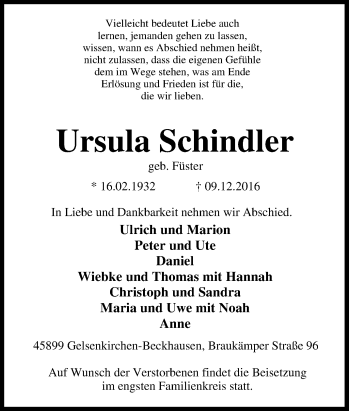 Traueranzeige von Ursula Schindler von Tageszeitung
