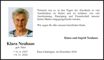 Traueranzeige von Klara Neuhaus von Tageszeitung