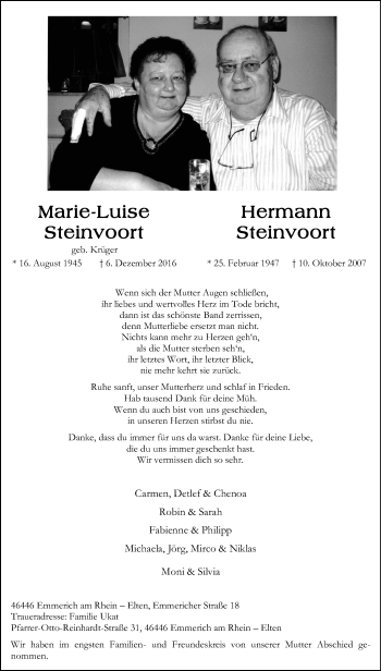 Traueranzeige von Marie-Luise und Hermann Steinvoort von Tageszeitung