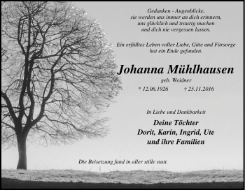 Traueranzeige von Johanna Mühlhausen von Tageszeitung