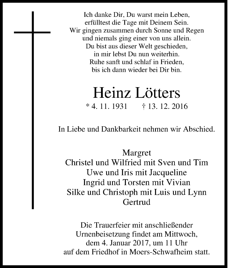  Traueranzeige für Heinz Lötters vom 17.12.2016 aus Tageszeitung
