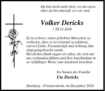 Traueranzeige von Volker Dericks von Tageszeitung