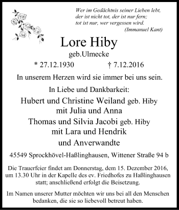 Traueranzeige von Lore Hiby von Tageszeitung