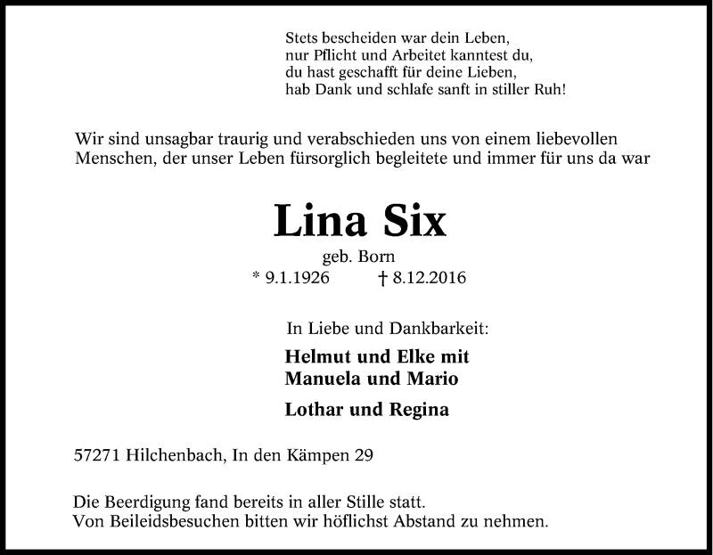  Traueranzeige für Lina Six vom 17.12.2016 aus Tageszeitung