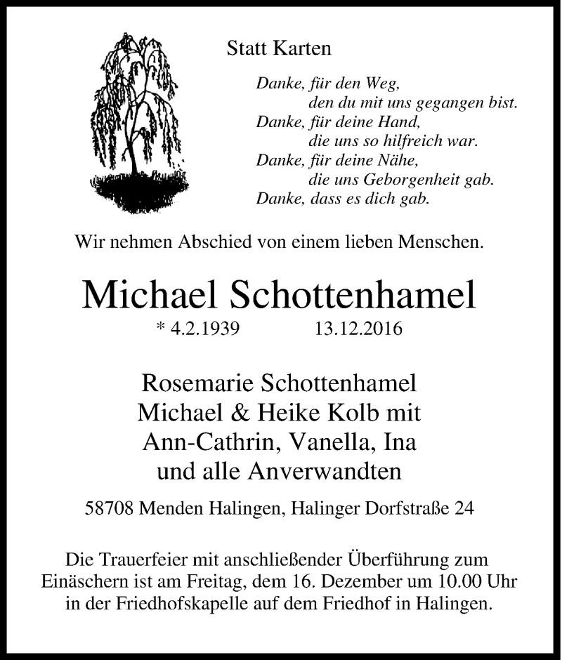  Traueranzeige für Michael Schottenhamel vom 15.12.2016 aus Tageszeitung