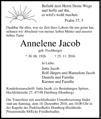 Traueranzeige von Annelene Jacob von Tageszeitung
