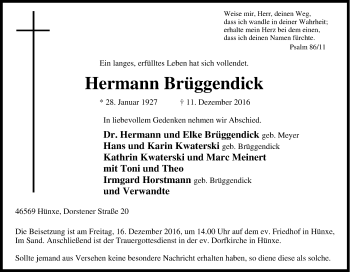Traueranzeige von Hermann Brüggendick von Tageszeitung