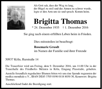 Traueranzeige von Brigitta Thomas von Tageszeitung