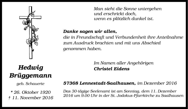  Traueranzeige für Hedwig Brüggemann vom 06.12.2016 aus Tageszeitung