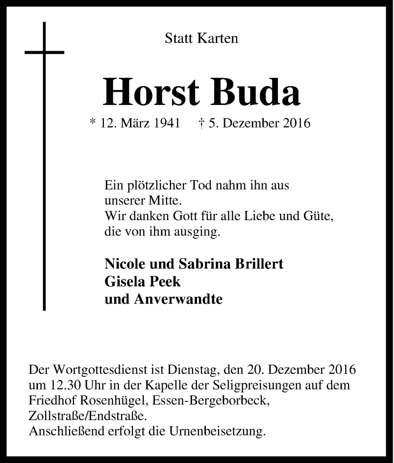  Traueranzeige für Horst Buda vom 17.12.2016 aus Tageszeitung