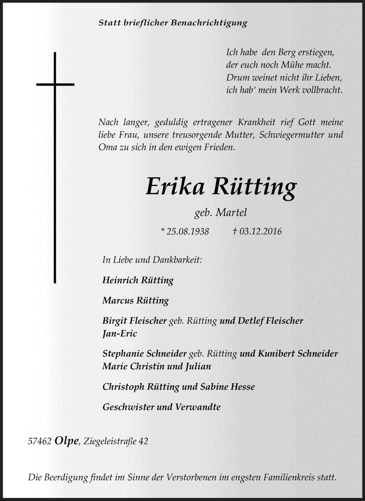  Traueranzeige für Erika Rütting vom 05.12.2016 aus Tageszeitung
