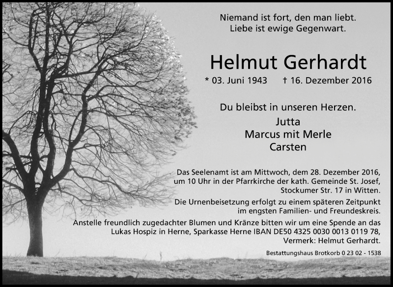 Traueranzeige für Helmut Gerhardt vom 21.12.2016 aus Tageszeitung