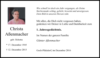 Traueranzeige von Christa Aßenmacher von Tageszeitung