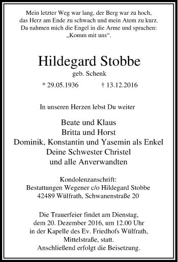 Traueranzeige von Hildegard Stobbe von Tageszeitung