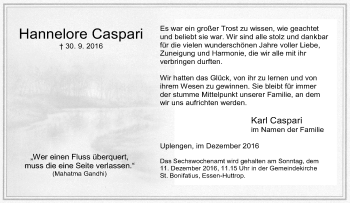 Traueranzeige von Hannelore Caspari von Tageszeitung