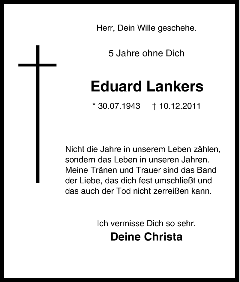  Traueranzeige für Eduard Lankers vom 10.12.2016 aus Tageszeitung