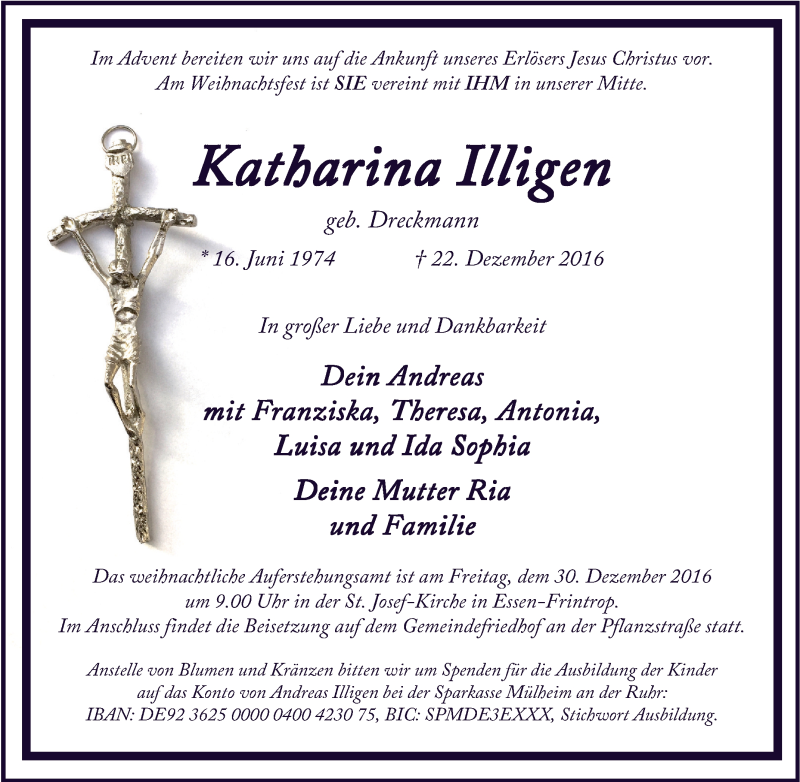  Traueranzeige für Katharina Illigen vom 28.12.2016 aus Tageszeitung