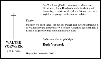 Traueranzeige von Walter Vorwerk von Tageszeitung