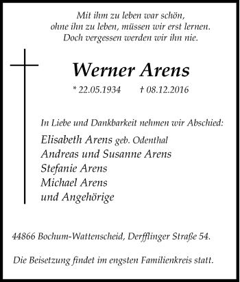 Traueranzeige von Werner Arens von Tageszeitung