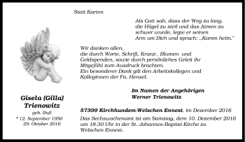 Traueranzeige von Gisela Trienowitz von Tageszeitung