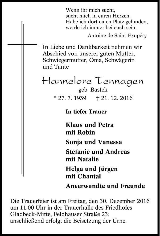  Traueranzeige für Hannelore Tennagen vom 24.12.2016 aus Tageszeitung