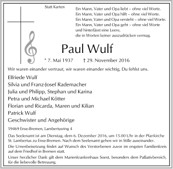 Traueranzeige von Paul Wulf von Tageszeitung