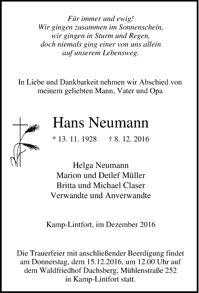  Traueranzeige für Hans Neumann vom 12.12.2016 aus Tageszeitung