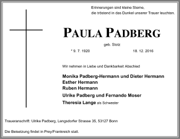 Traueranzeige von Paula Padberg von Tageszeitung