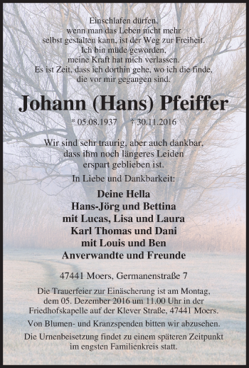 Traueranzeige von Johann Pfeiffer von Tageszeitung