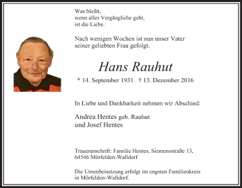 Traueranzeige von Hans Rauhut von Tageszeitung