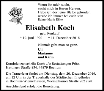 Traueranzeige von Elisabeth Koch von Tageszeitung