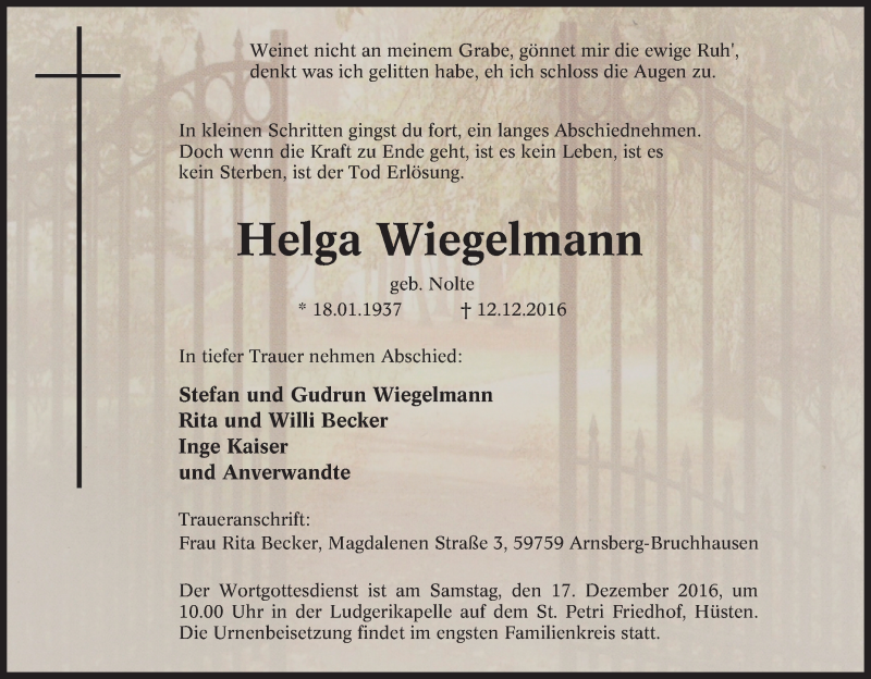  Traueranzeige für Helga Wiegelmann vom 14.12.2016 aus Tageszeitung