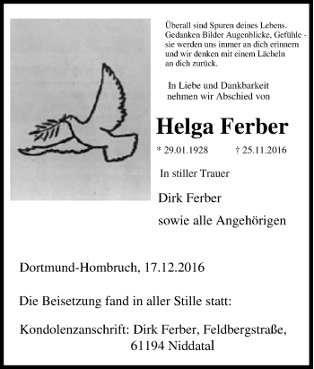Traueranzeige von Helga Ferber von Tageszeitung