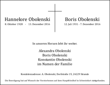 Traueranzeige von Hannelore Obolenski von Tageszeitung