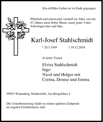 Traueranzeige von Karl-Josef Stahlschmidt von Tageszeitung