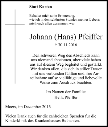 Traueranzeige von Johann Hans Pfeiffer von Tageszeitung