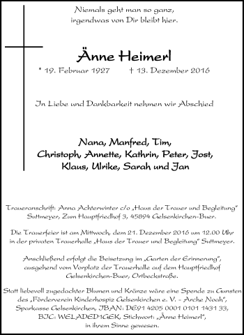 Traueranzeige von Änne Heimerl von Tageszeitung