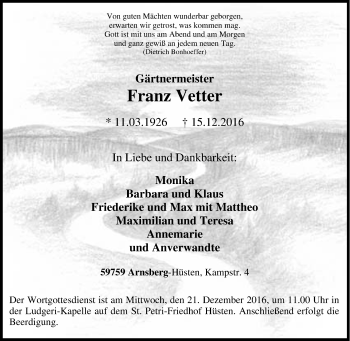 Traueranzeige von Franz Vetter von Tageszeitung