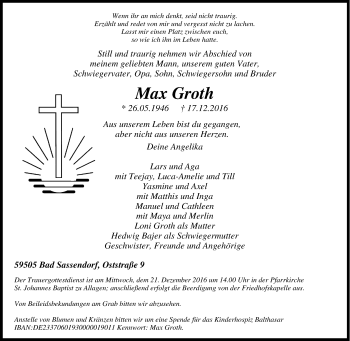 Traueranzeige von Max Groth von Tageszeitung