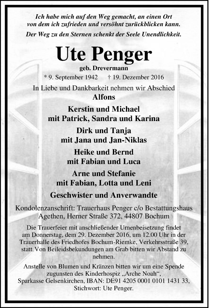  Traueranzeige für Ute Penger vom 23.12.2016 aus Tageszeitung